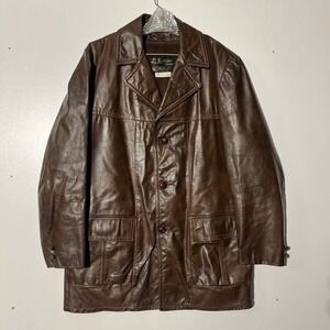 Vintage Sears The Leather Shop Brown Leather Faux Fur Lined Car Coat Mens 42